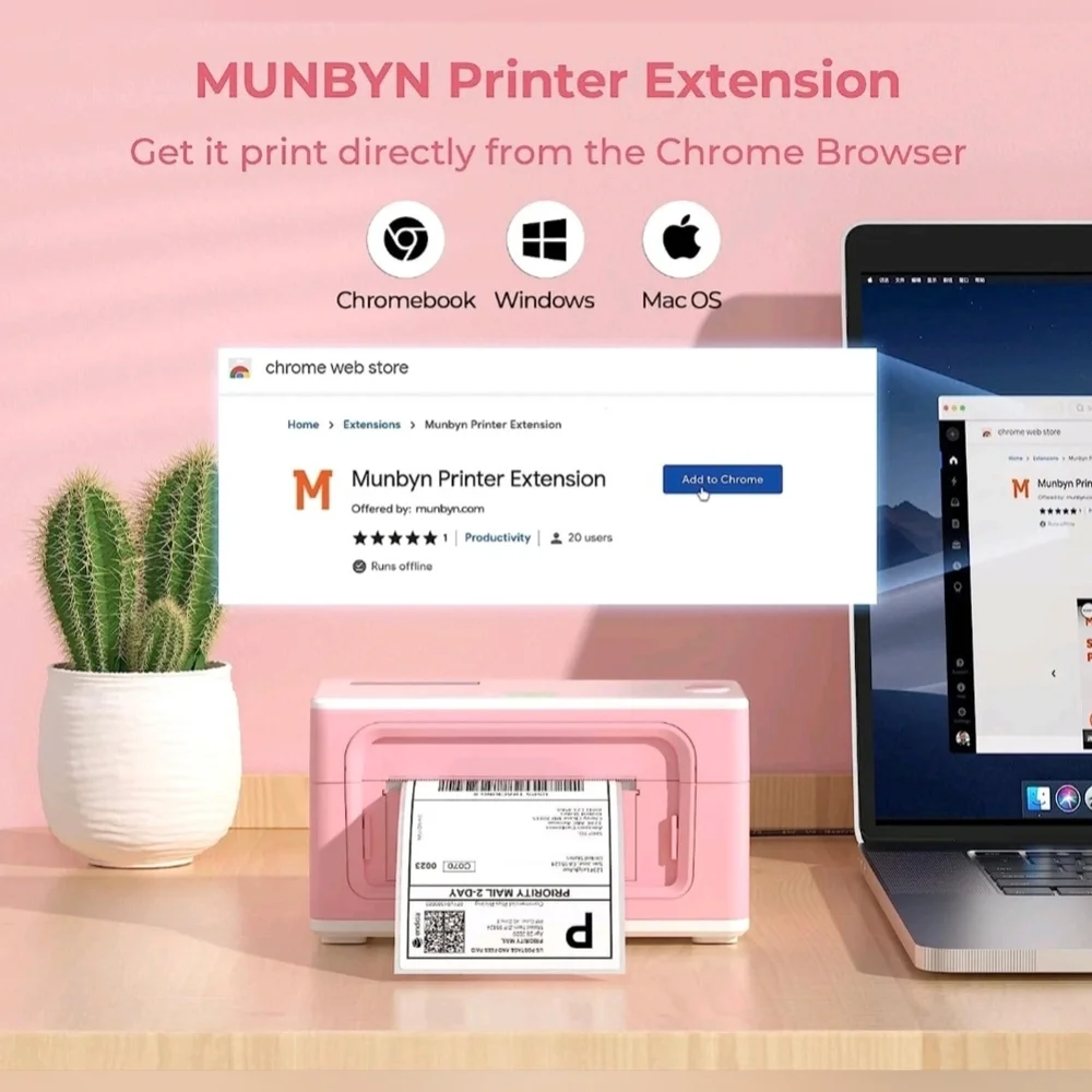 MUNBYN Thermal Label Printer 150mm/s 4x6 Desktop USB l - Pink